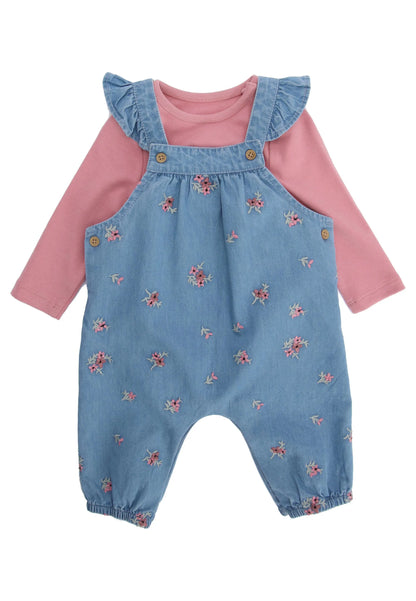 Baby Girl Blue Floral Dungarees & Pink Top Set