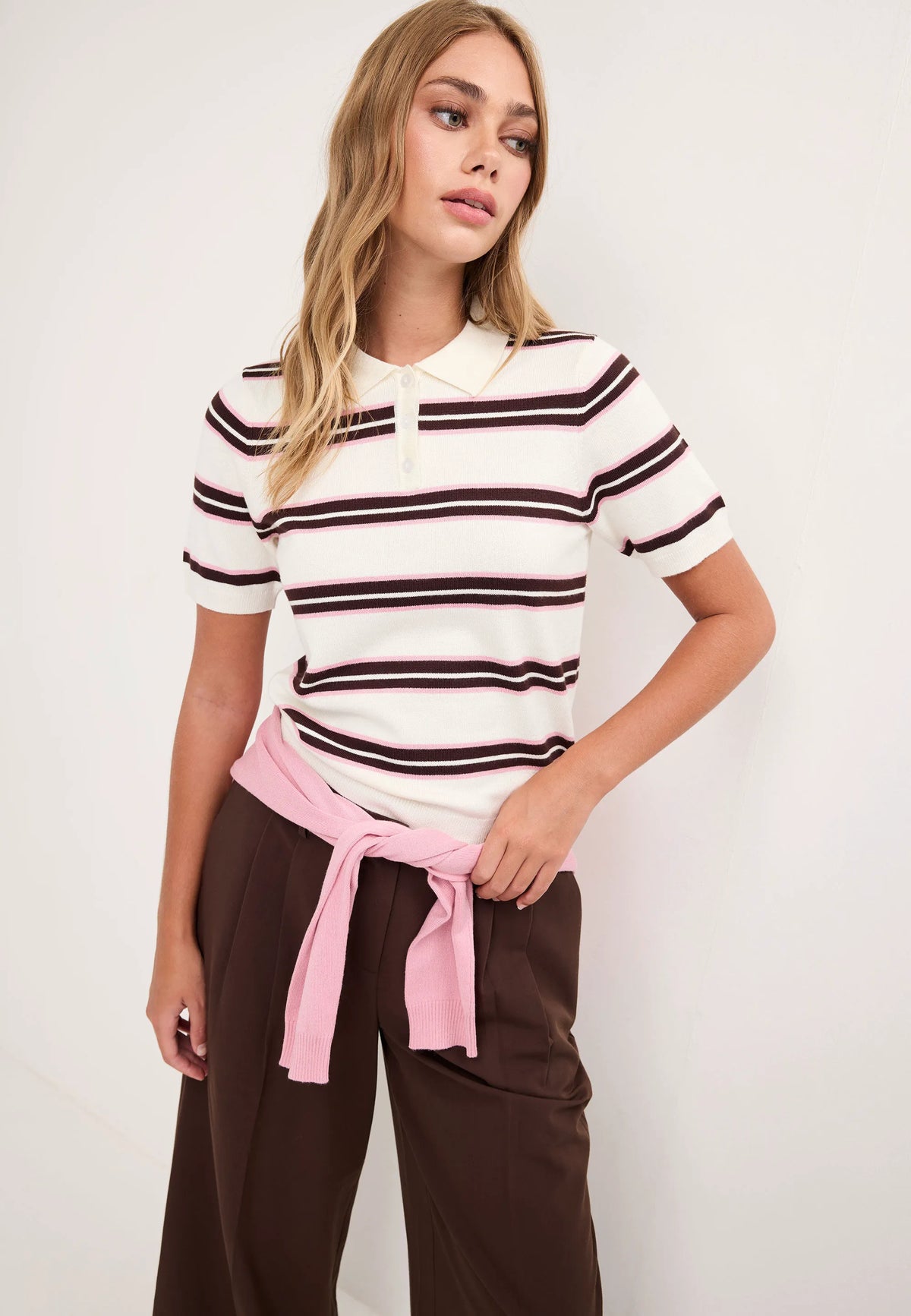 Womens Cream Stripe Collar Jumper