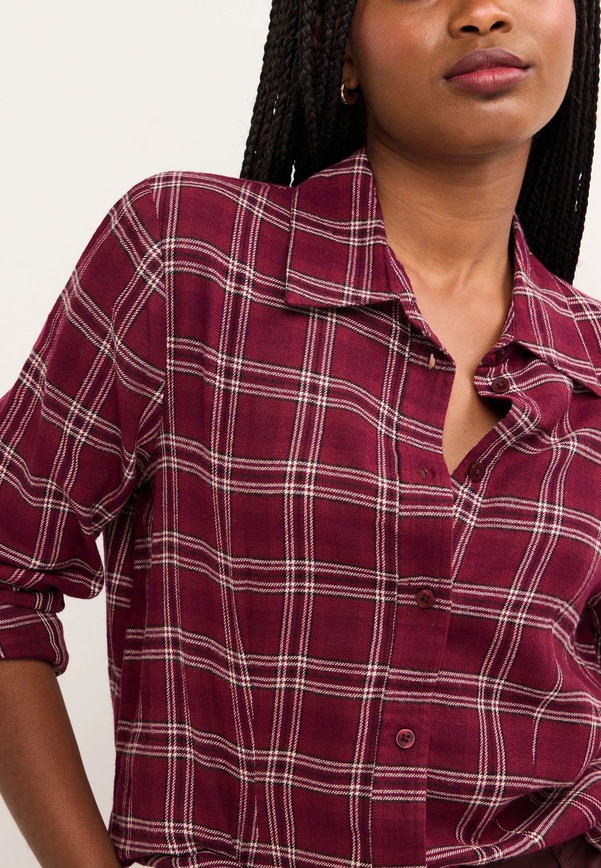 Womens Burgundy Check Shoulder Pad Shirt