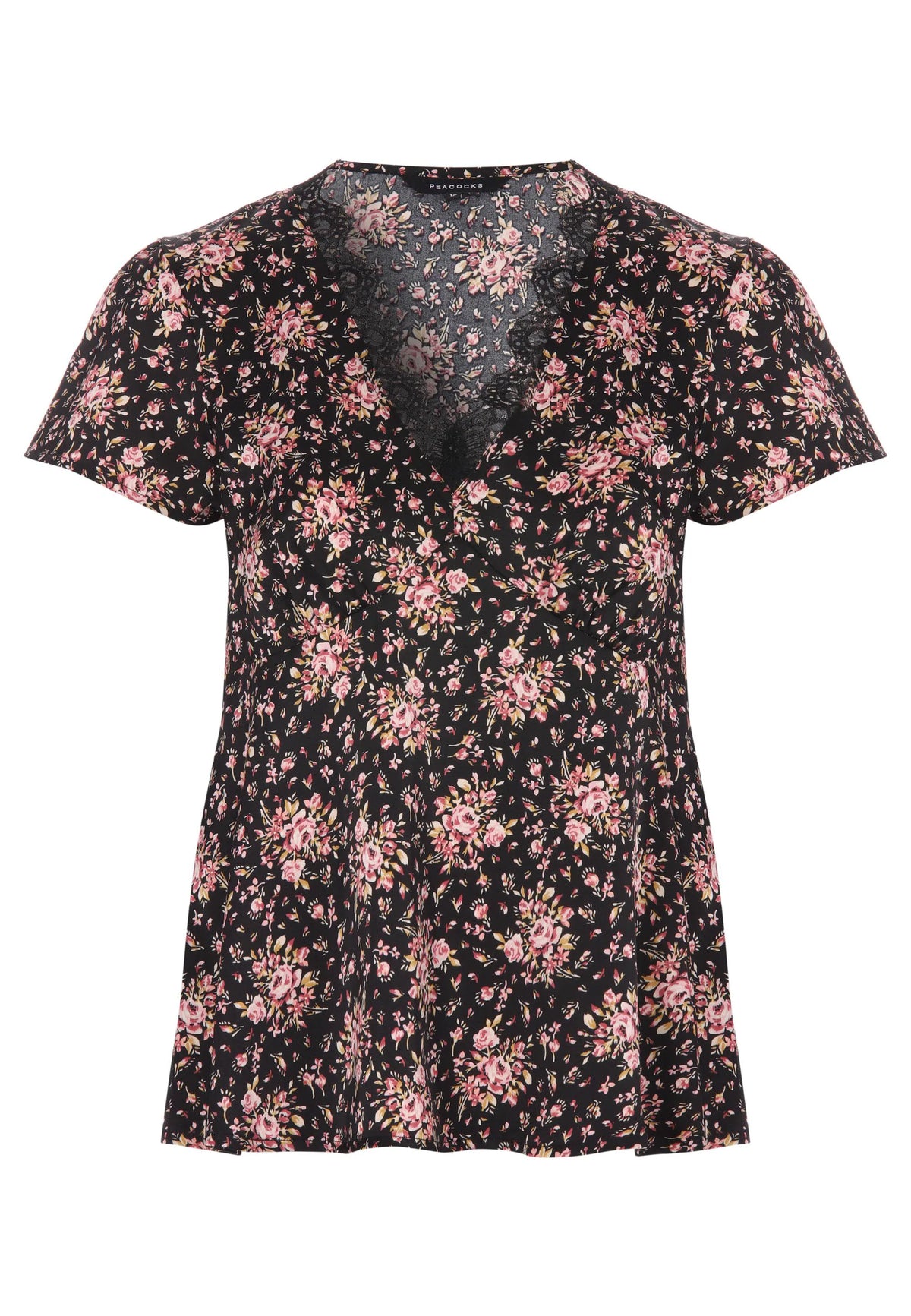 Womens Black Floral Lace Trim Blouse Top