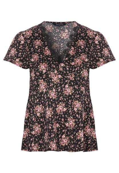 Womens Black Floral Lace Trim Blouse Top