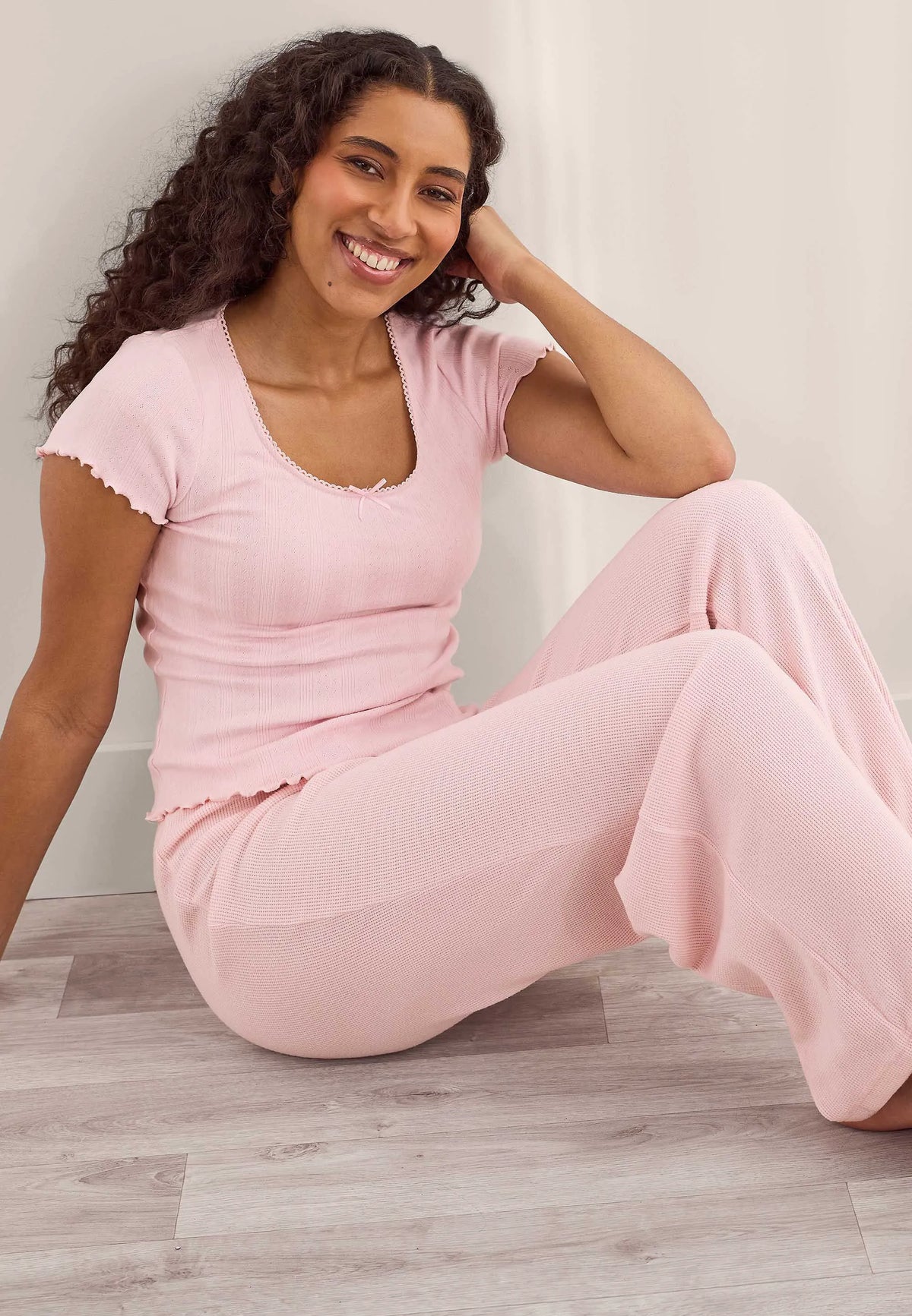 Womens Light Pink Pointelle Short Sleeved Pyjama Top