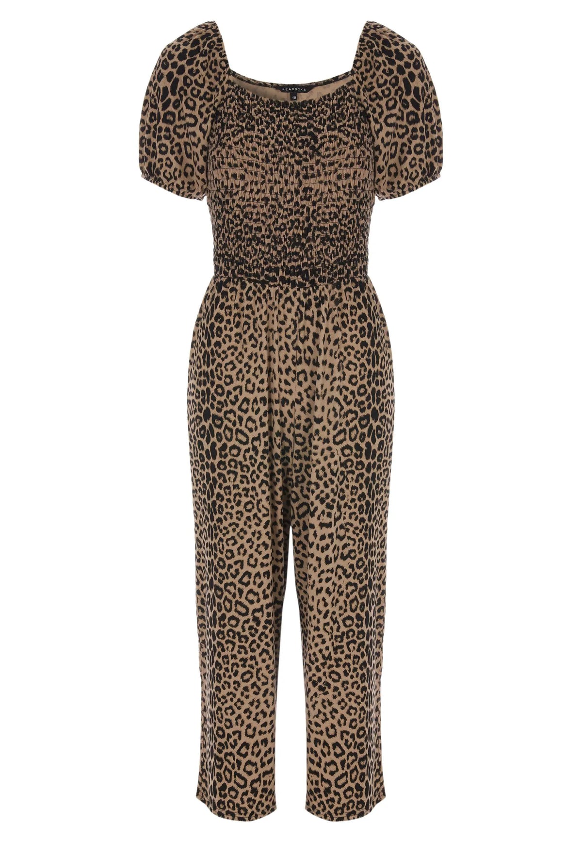 Womens Brown Leopard Print Shirred Jumpsuit