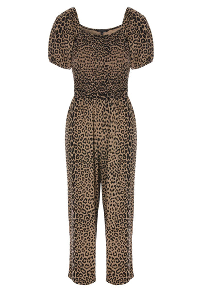 Womens Brown Leopard Print Shirred Jumpsuit
