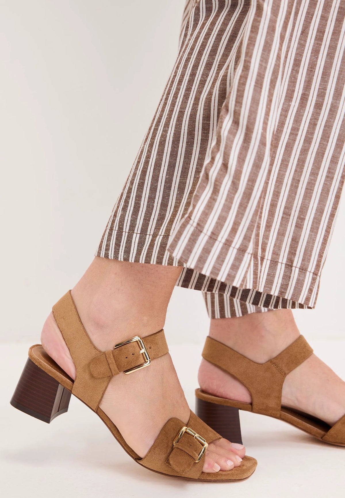 Womens Taupe Buckle Strap Block Heel Sandals