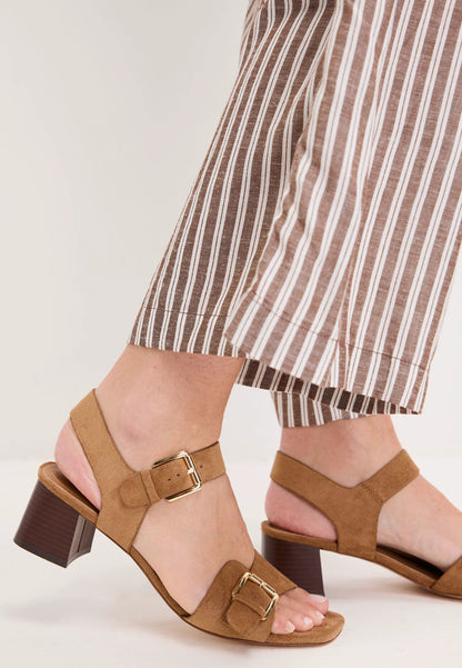 Womens Taupe Buckle Strap Block Heel Sandals