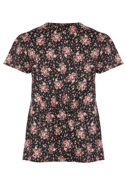 Womens Black Floral Lace Trim Blouse Top