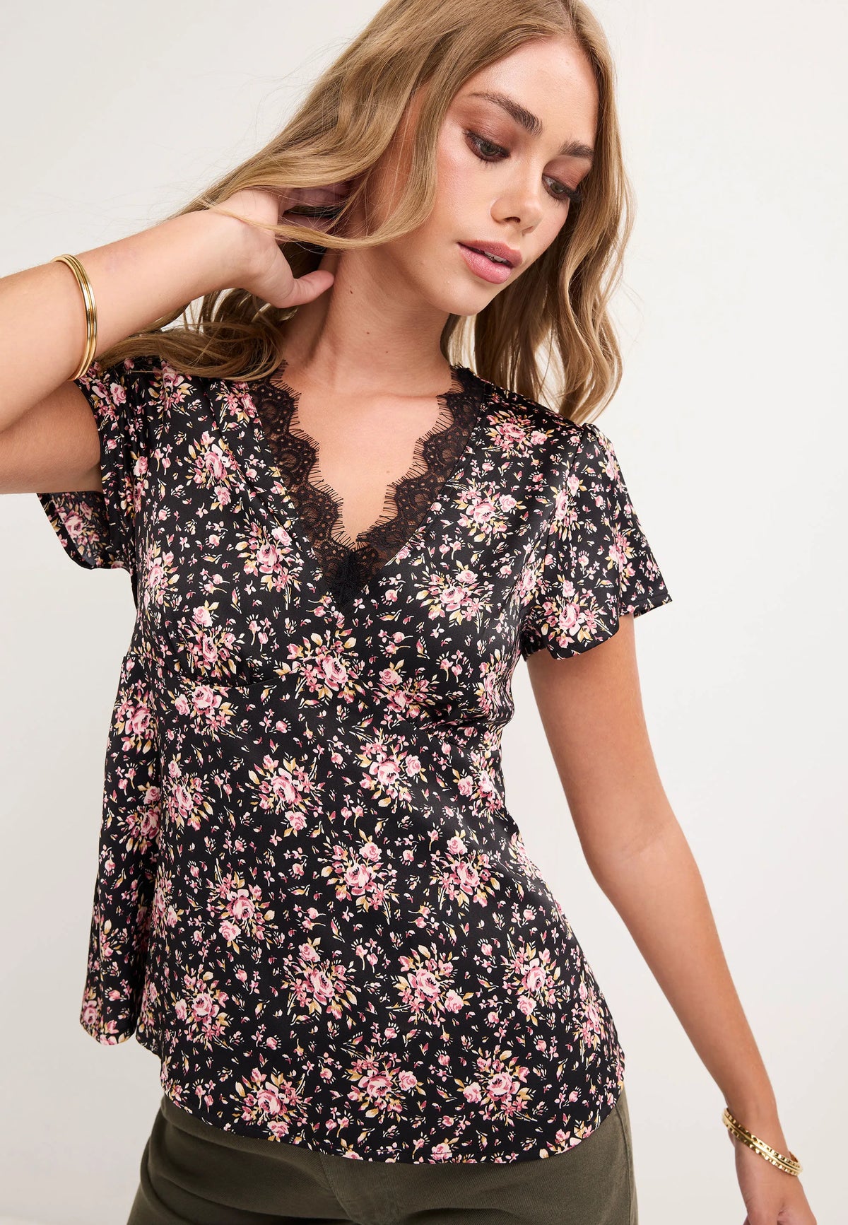 Womens Black Floral Lace Trim Blouse Top