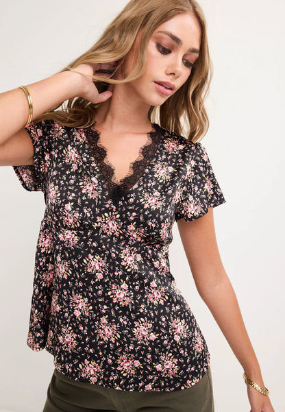 Womens Black Floral Lace Trim Blouse Top