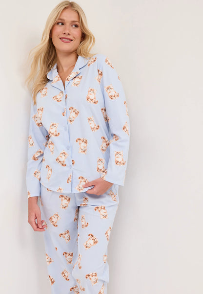 Womens Blue Cat Print Long Pyjama Set