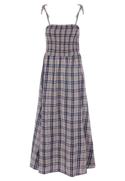 Womens Blue & Tan Check Print Strappy Midi Dress