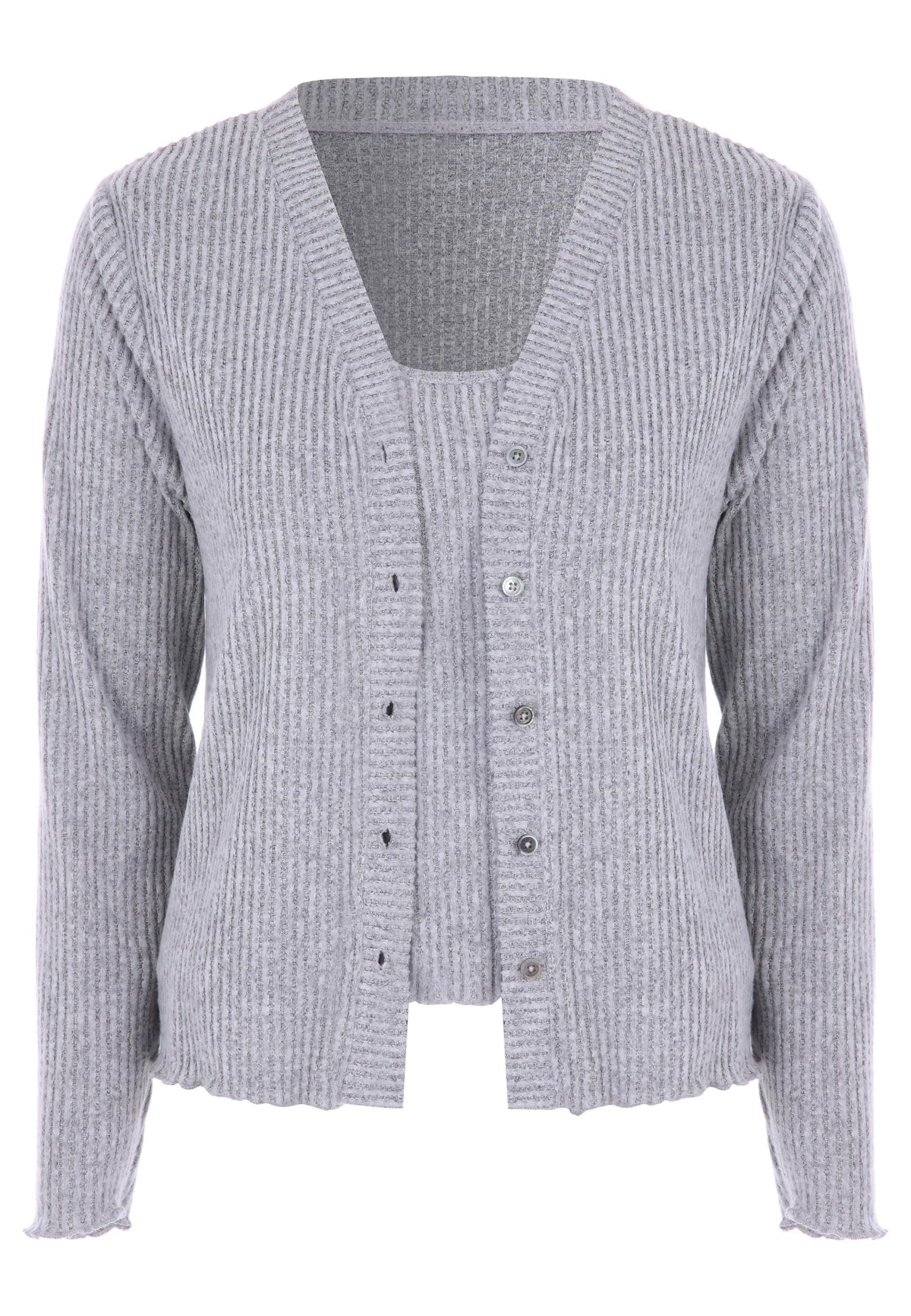 Womens Grey Ribbed Cardigan & Cami Pyjama Top Set