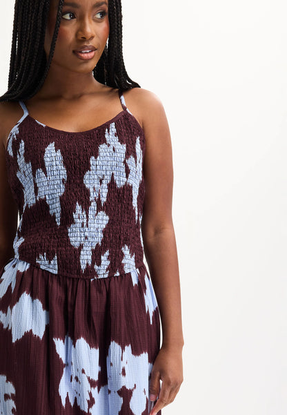 Womens Burgundy Floral Shirred Midi Dress