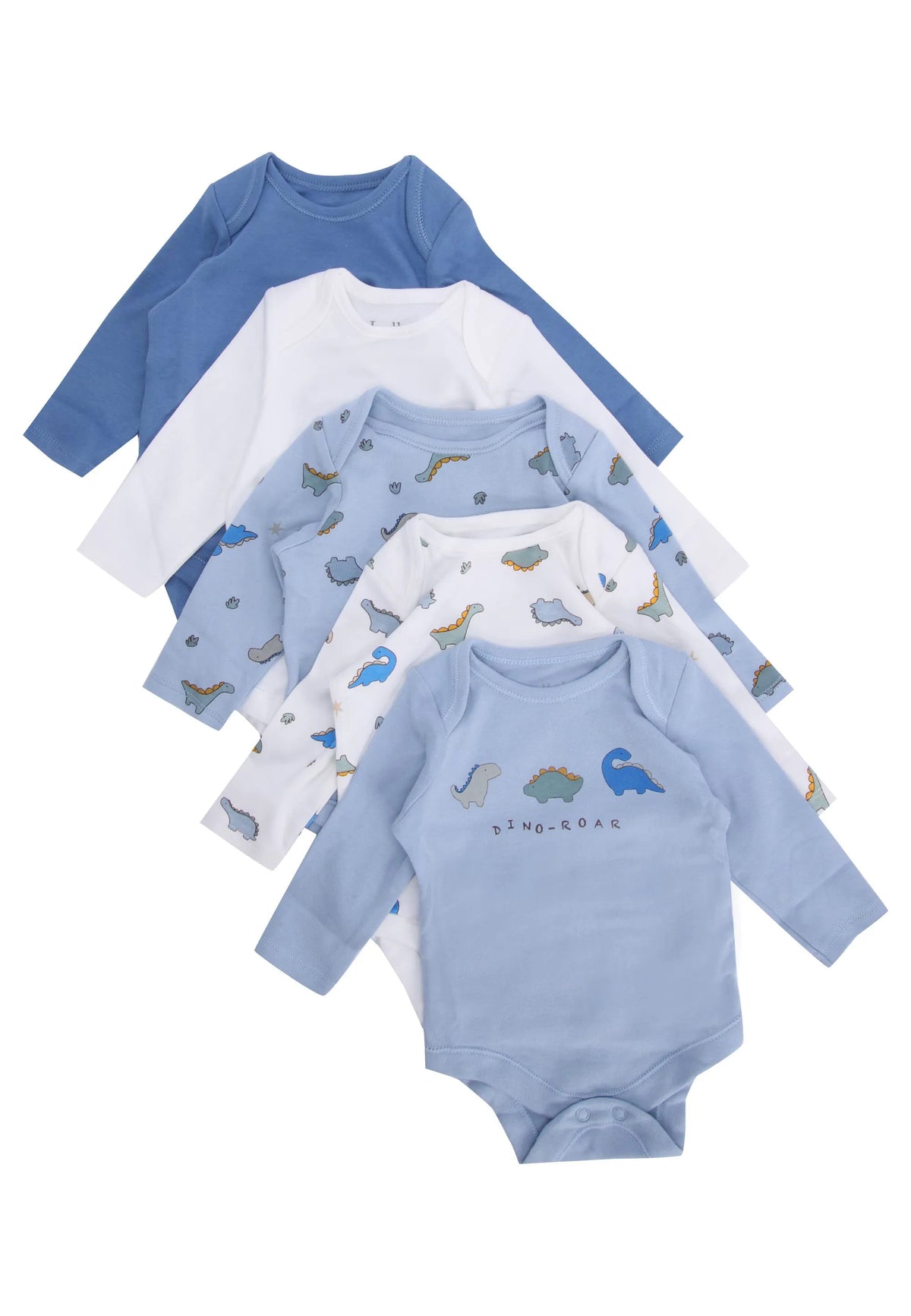 Baby Boys 5pk Blue & White Dino-Roar Bodysuits