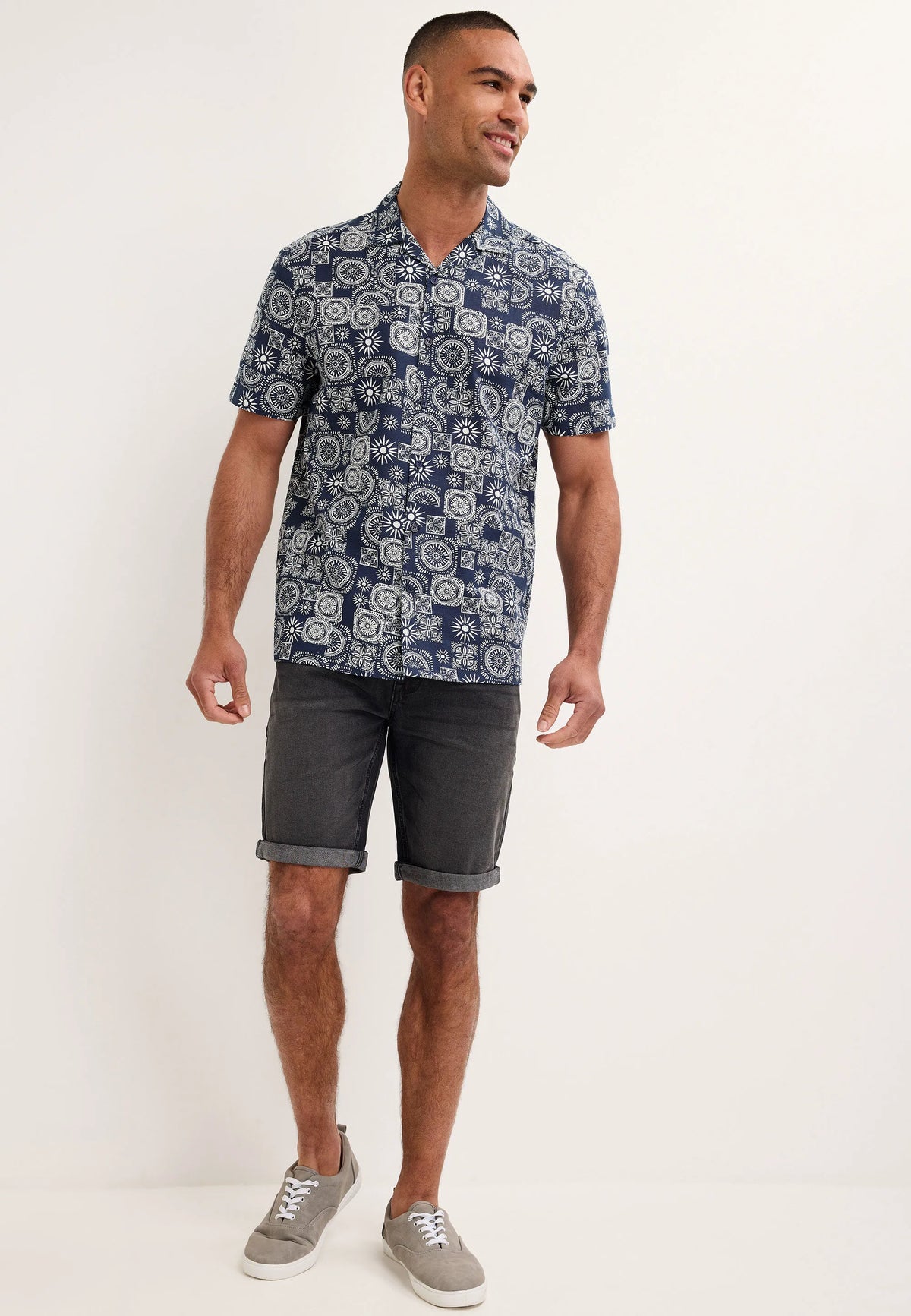 Mens Navy Tile Print Cotton Shirt