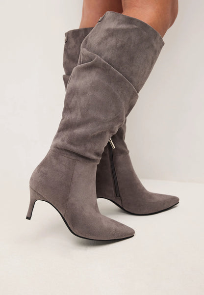 Womens Grey Ruched Knee High Stiletto Boots