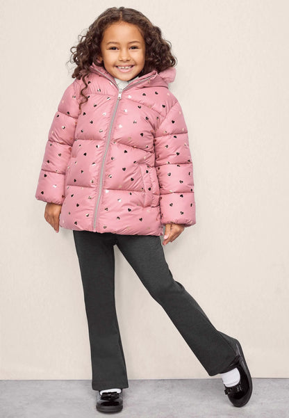 Younger Girls Pink Heart Print Padded Coat with Hood