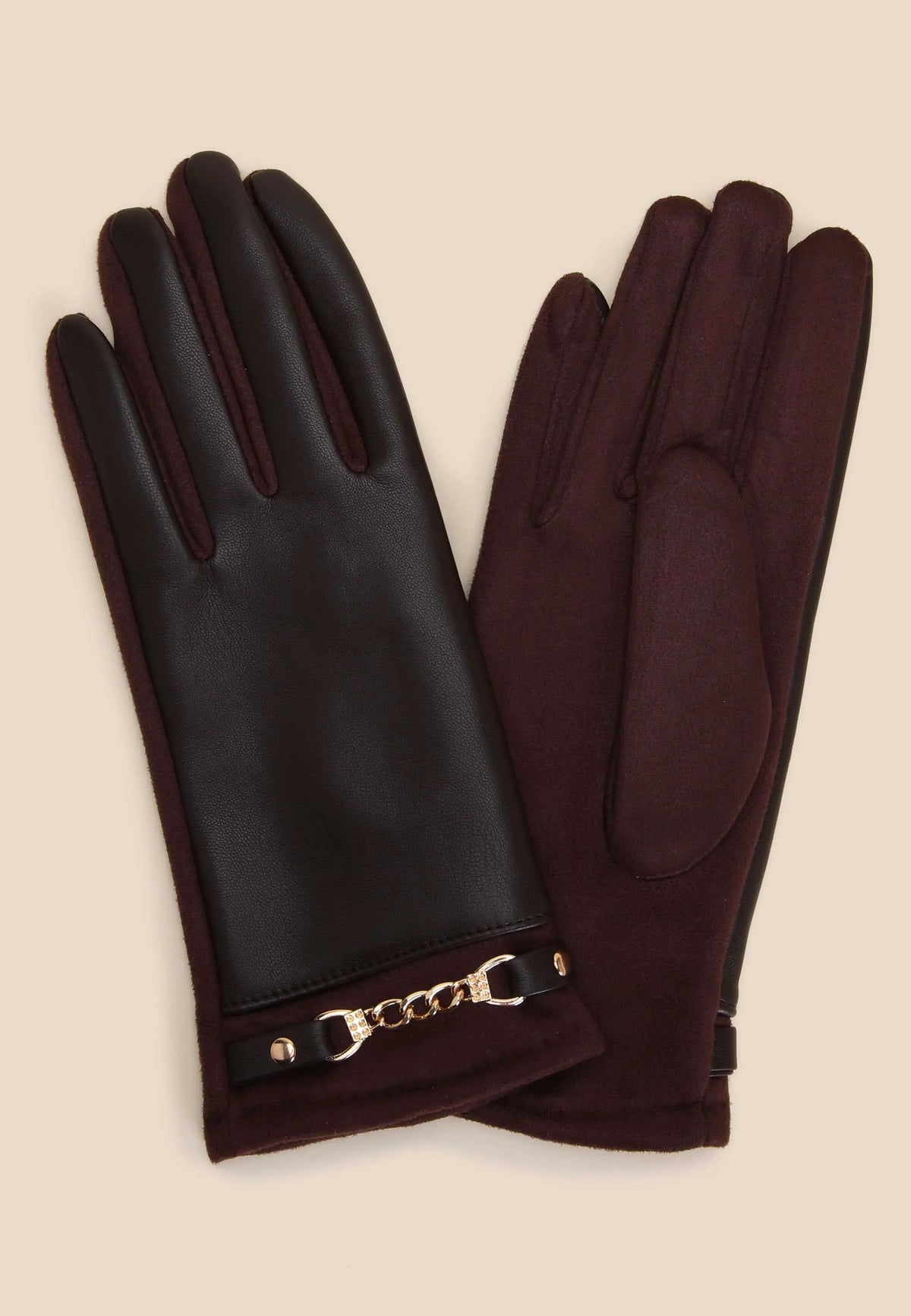 Womens Burgundy Faux Leather & Suede Gloves