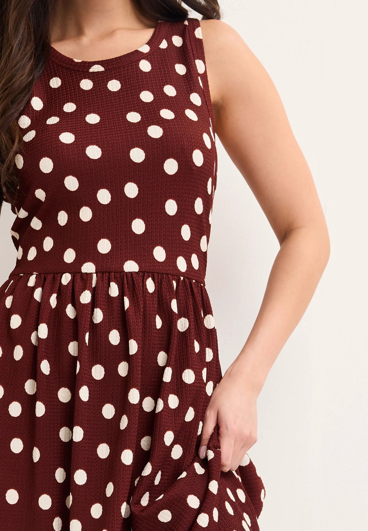 Womens Chocolate Brown Polka Dot Textured Dress