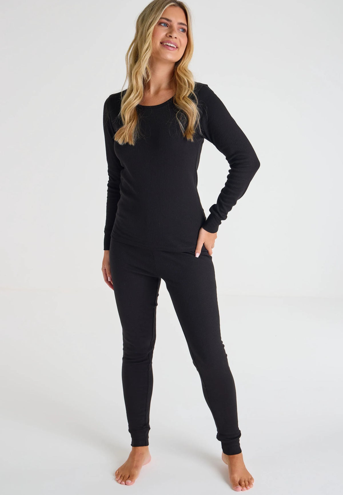 Womens Black Thermal Ribbed Long Sleeve Top