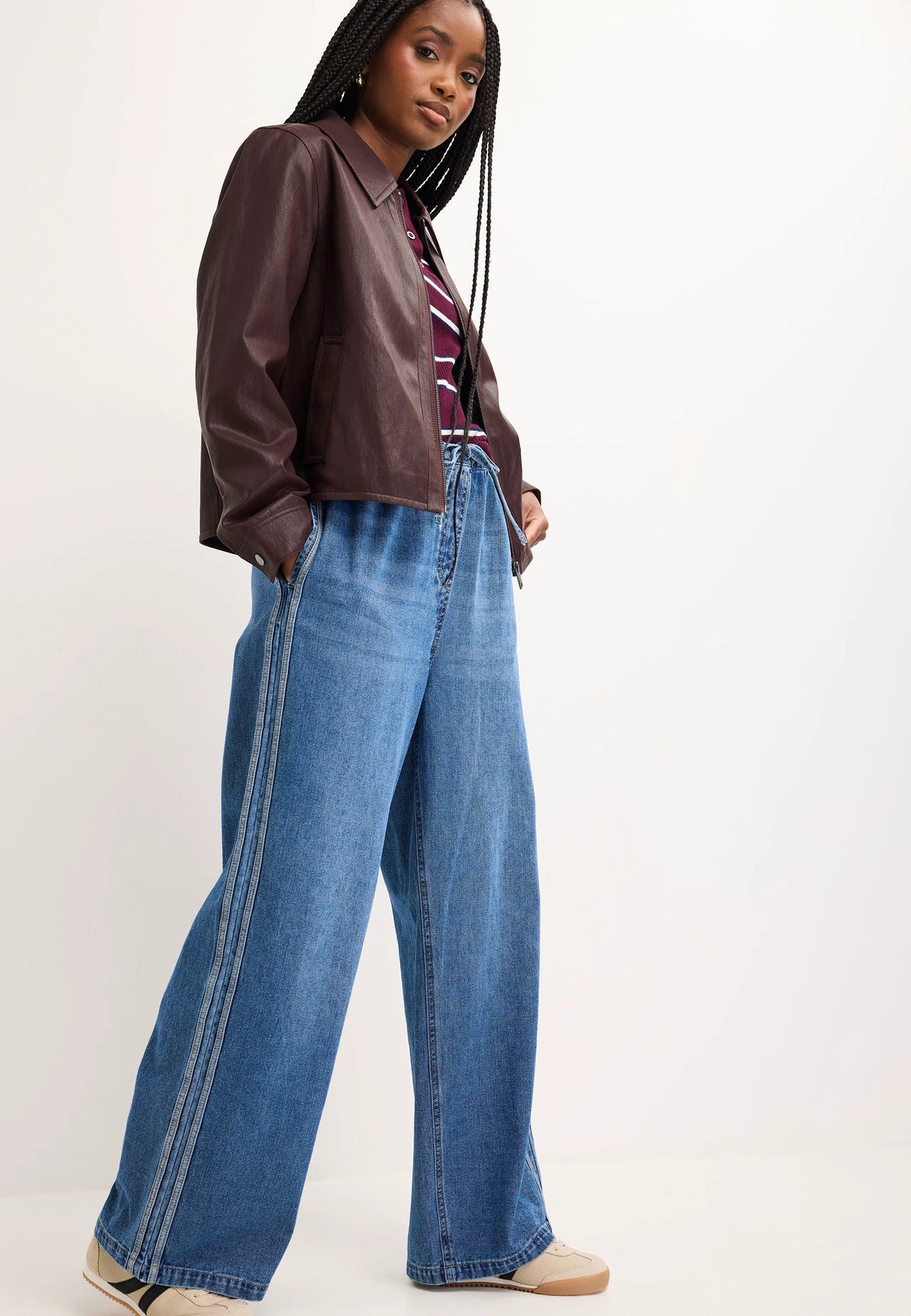 Womens Mid Blue Stripe Wide Leg Drawstring Jeans