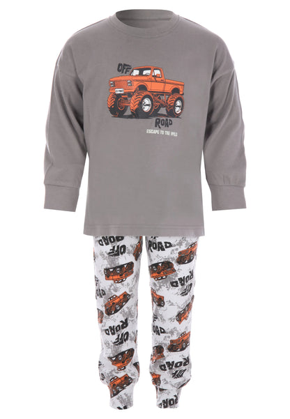 Younger Boys Grey Monster Truck Cotton Long Pyjama Set