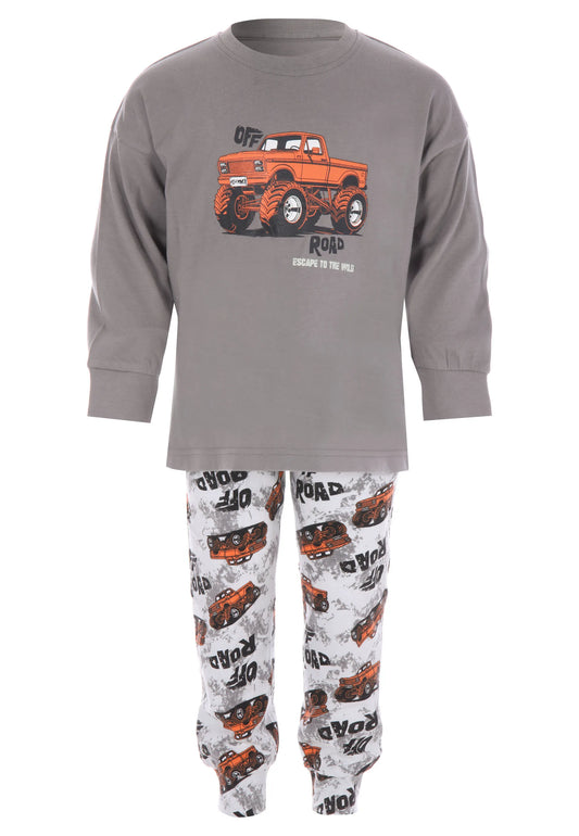 Younger Boys Grey Monster Truck Cotton Long Pyjama Set