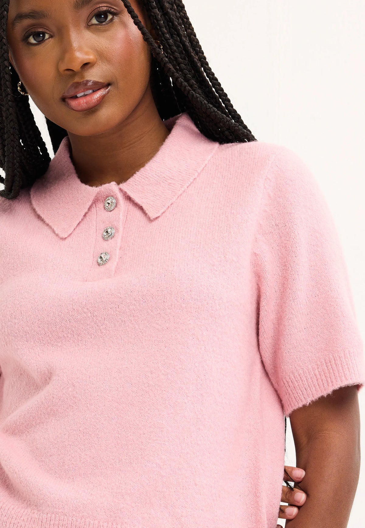 Womens Pink Diamante Button Collar Jumper
