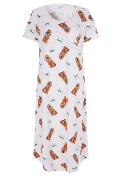Womens Cream Dog Print Soft Touch Long Nightdress