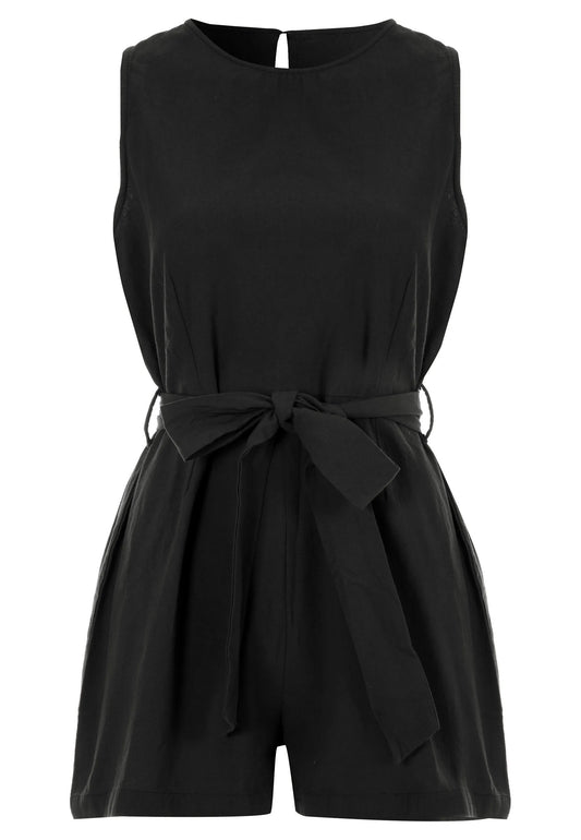 Womens Black Tie Waist Cotton Playsuit