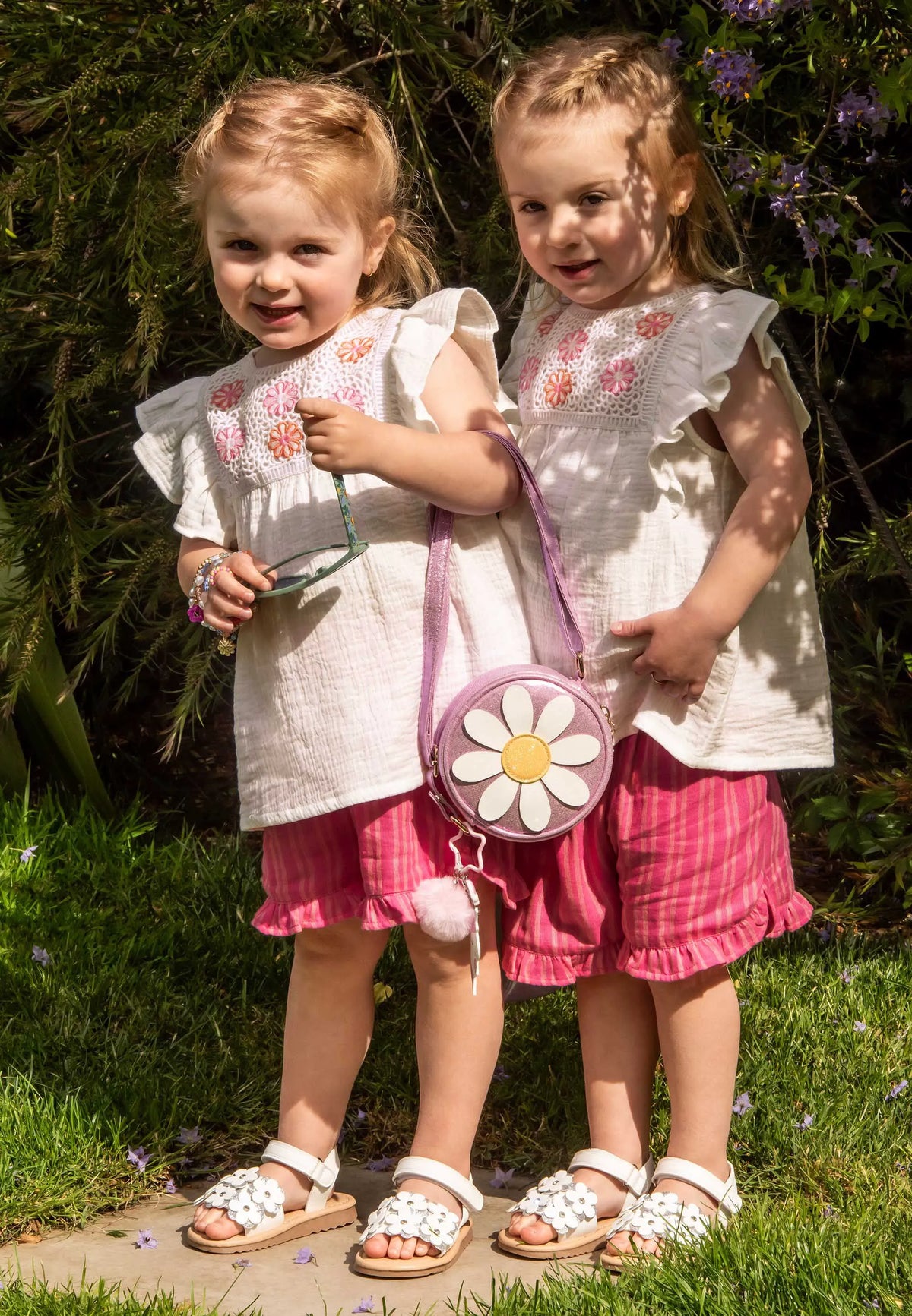 Younger Girls White Crochet & Pink Short Set
