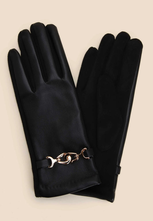 Womens Black Faux Leather Gold Snaffle Gloves