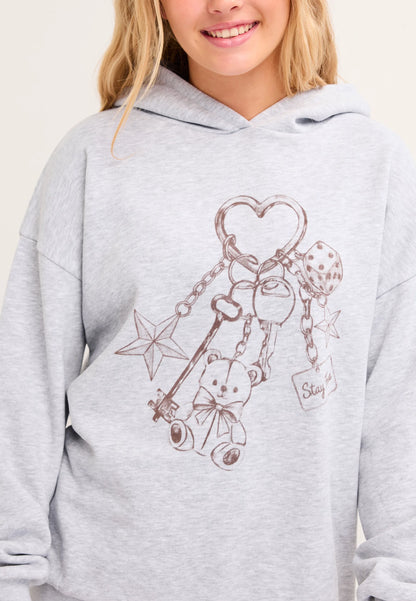 Older Girls Grey Bear Keyring Oversized Hoodie