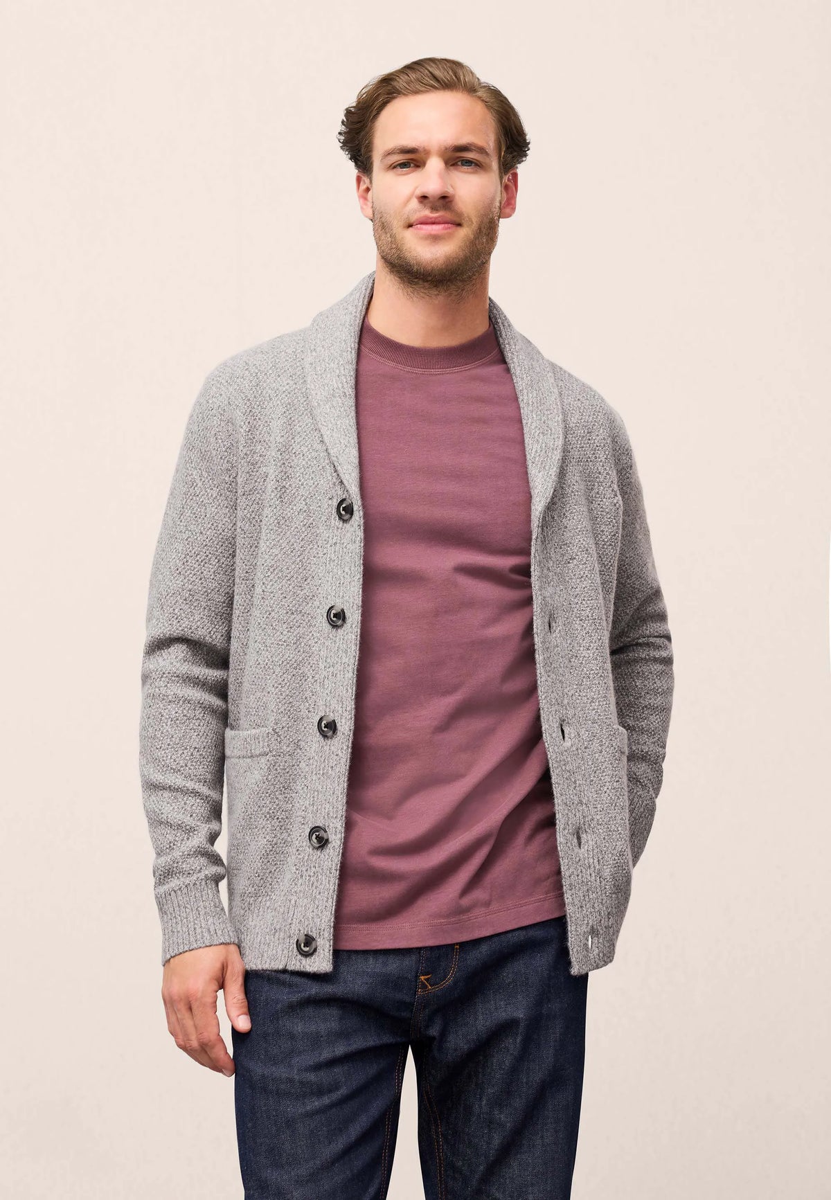 Mens Grey Shawl Collar Knit Cardigan