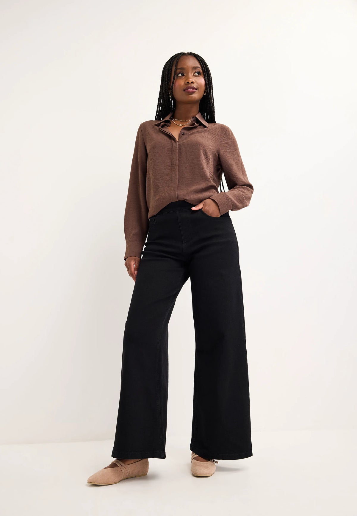Womens Black Stretch Wide Leg Pull On Jeans