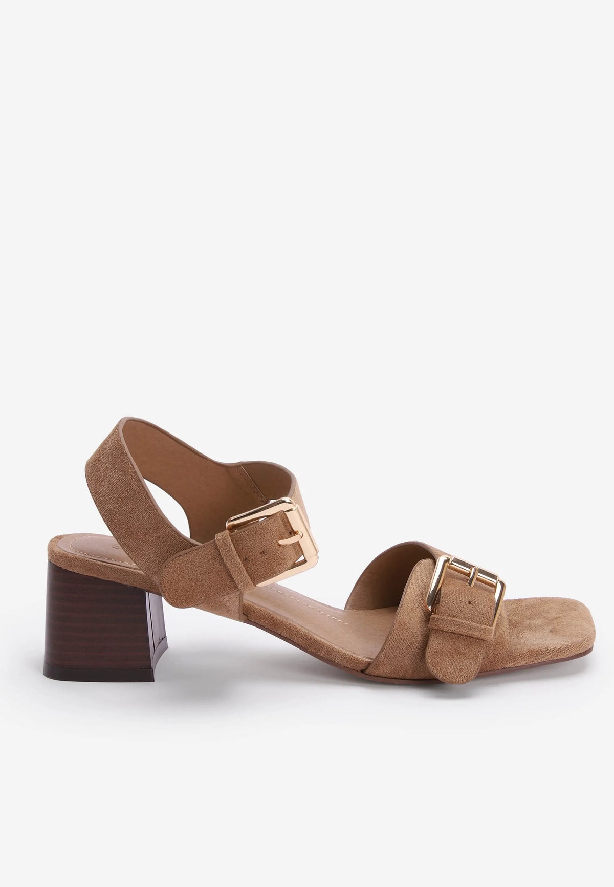Womens Taupe Buckle Strap Block Heel Sandals