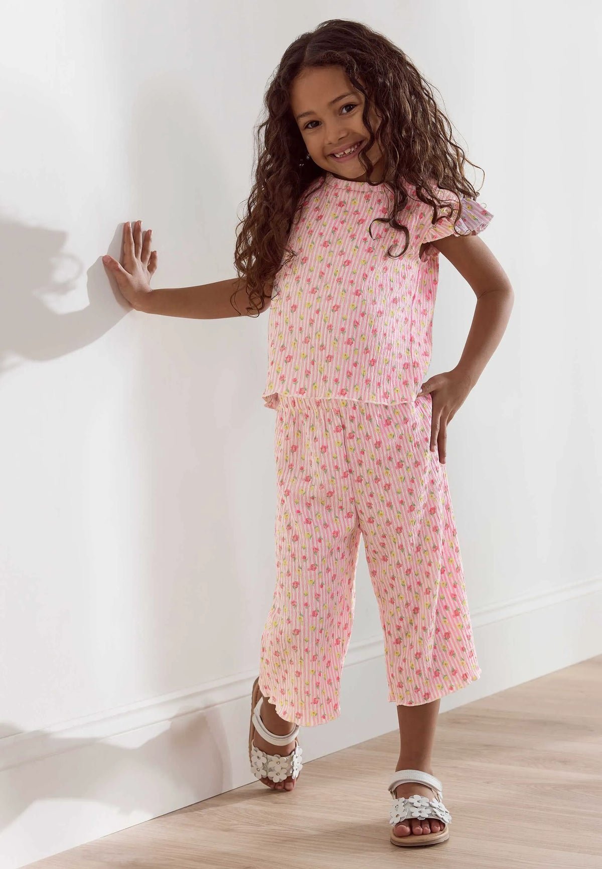 Younger Girls Pink Floral Print Top and Culottes Set