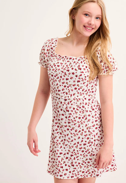 Older Girls White & Red Floral Short Sleeve Empire Dress