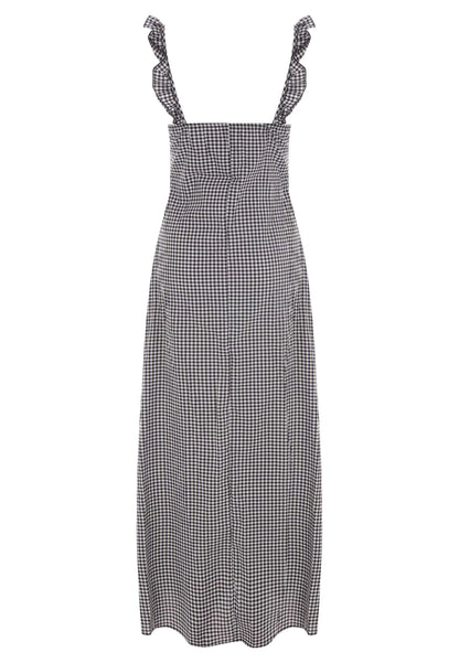 Womens Black Gingham Frill Neck Midi Dress