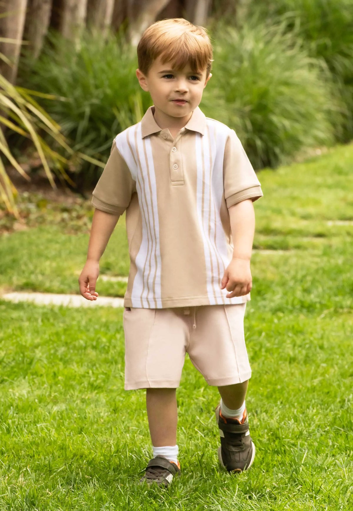 Younger Boys Stone Stripe Polo Shirt & Shorts Set