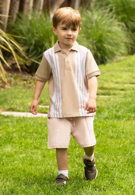 Younger Boys Stone Stripe Polo Shirt & Shorts Set