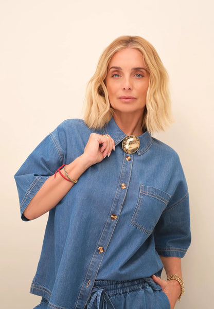 Womens Blue Denim Look Cotton Shirt