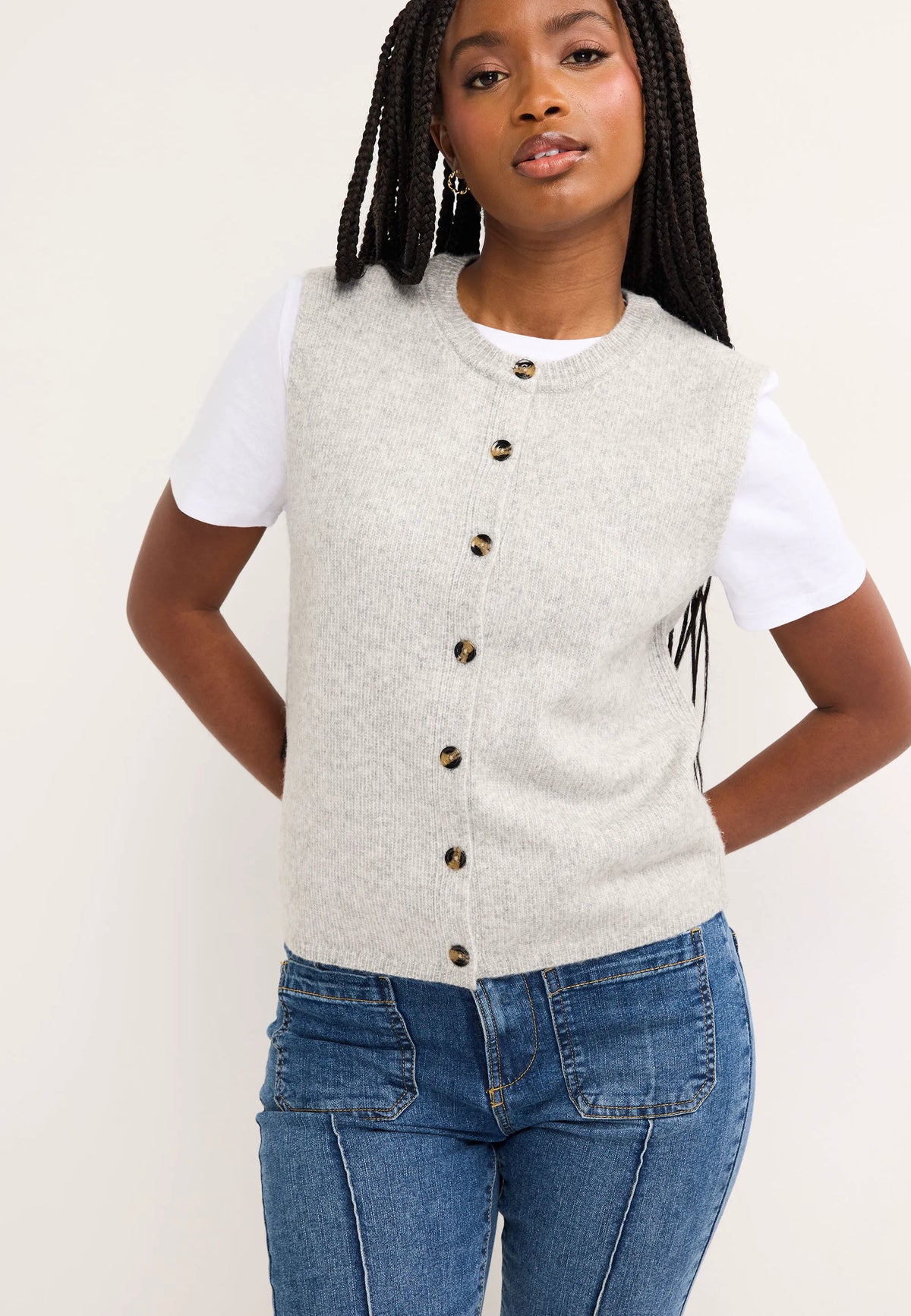 Womens Grey Knit Waistcoat Cardigan
