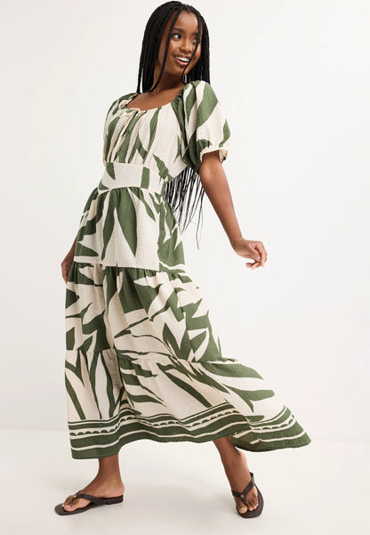Womens Khaki Leaf Print Milkmaid Dress