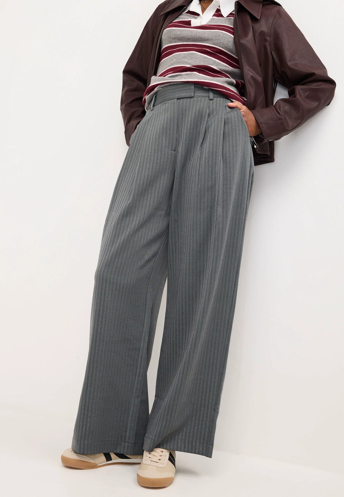 Womens Grey Herringbone Stripe Pleated Trousers