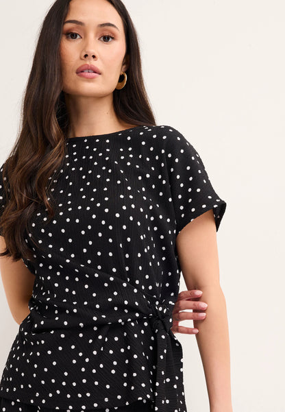 Womens Black Polka Dot Side Tie Top
