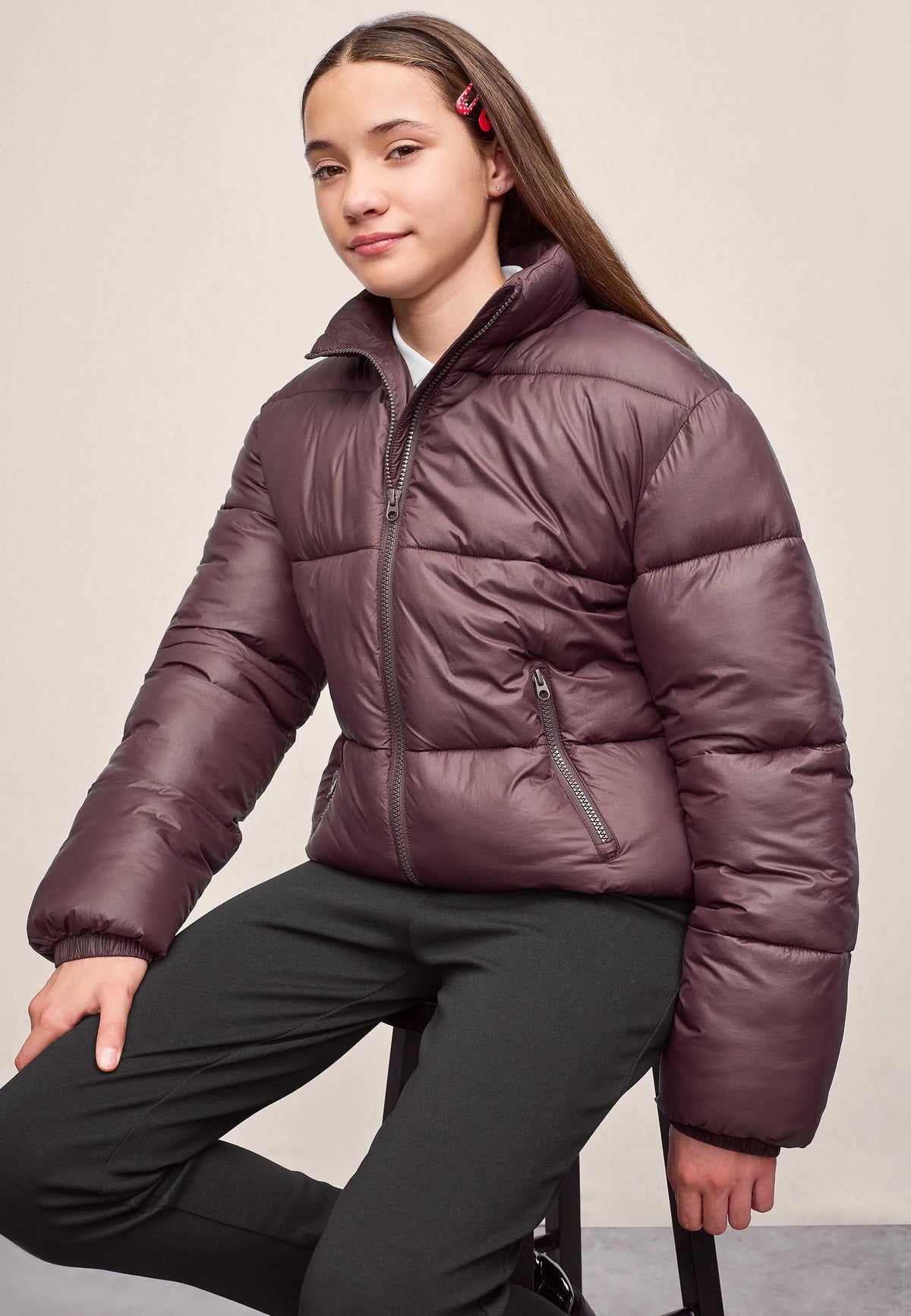 Older Girls Chocolate Brown Short Padded Sheen Coat