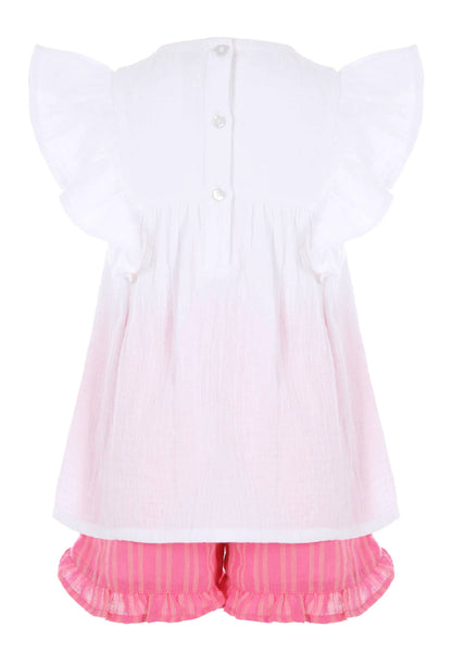 Younger Girls White Crochet & Pink Short Set