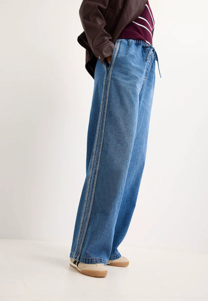 Womens Mid Blue Stripe Wide Leg Drawstring Jeans
