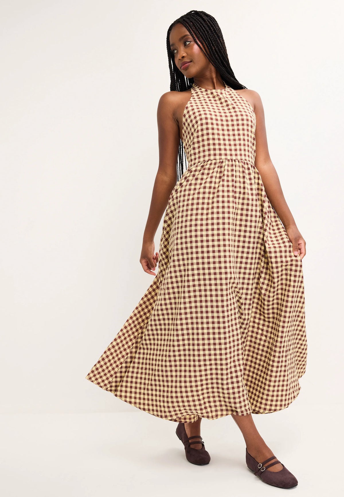 Womens Brown Gingham Halter Neck Midi Dress